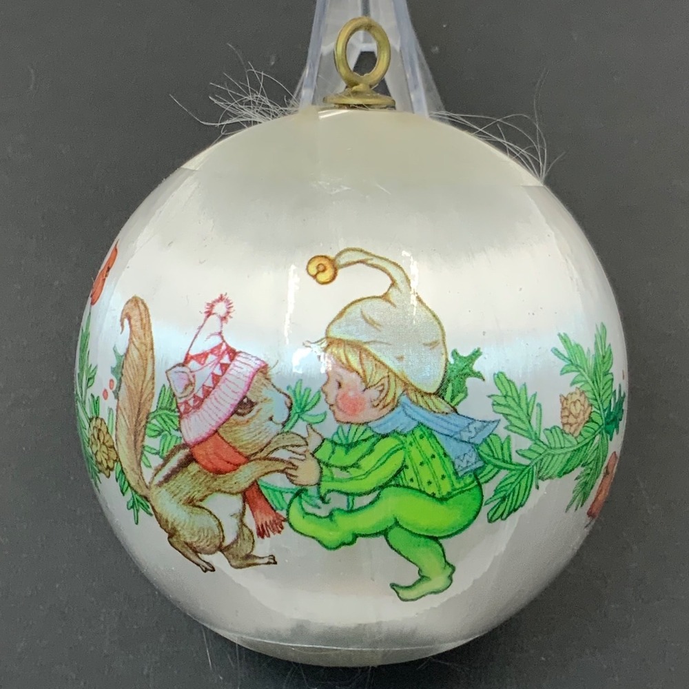 Vintage Current Inc Elf and Chipmunk Satin Christmas Ornament White 3 Inch